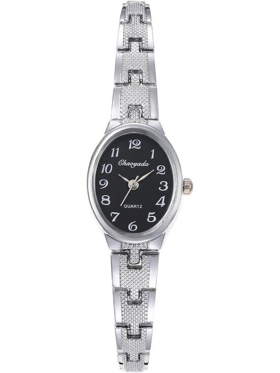 Women\'s Silver Black Analog Quartz Oval Bracelet Elegant Adjustable Dainty Watch
